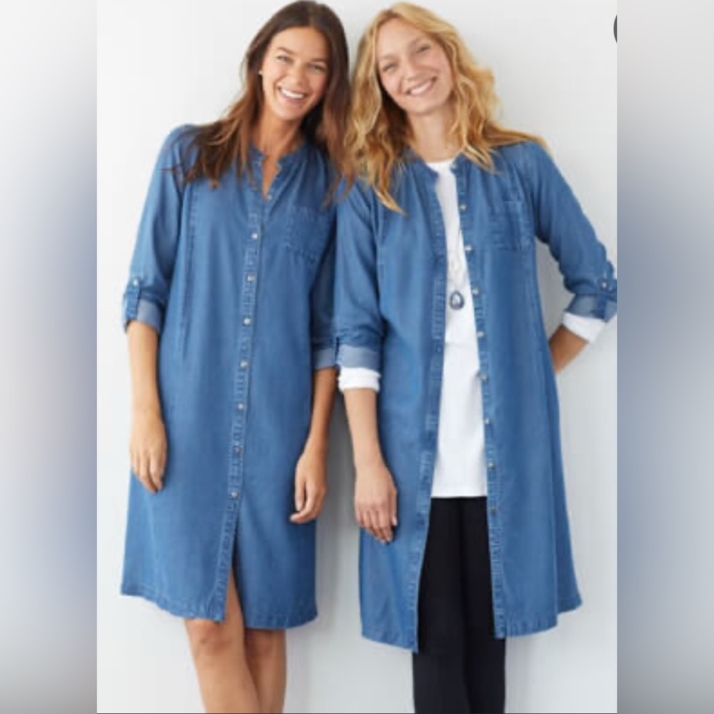 J. Jill Fringe Button Up Blue‎ Chambray Shirt Dress- XS Petite